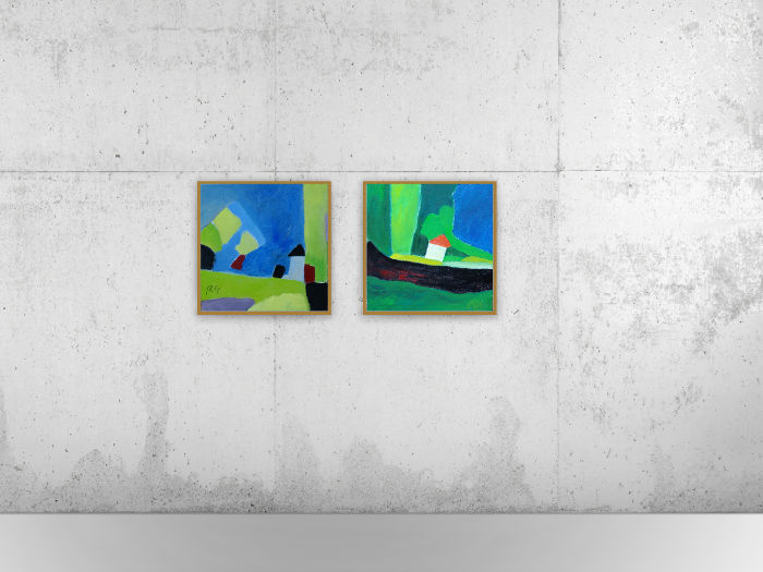 Zwei quadratische Bilder an einer hellen Wand